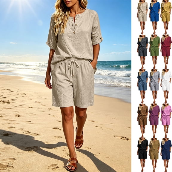 Women's Half Placket V Neck 3/4 Sleeve Top Drawstring Pocket Bermuda Shorts 2 Piece Outfit, Solid Summer Beach Casual Matching Set Beige XL(XL)