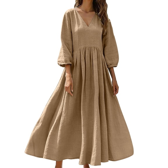 jtjvou Women's Solid Cotton Linen Long Maxi Dress Summer 3/4 Sleeve Caftan Loose Fit Flowy Empire Waist Vacation Beach Dresses Khaki XL