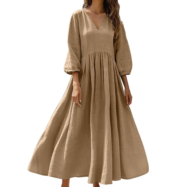 Mujeres Vestido Casual Suelto Y Casual Tres Cuartos de Mangas Cuello en V Vestido de Lino Mujeres