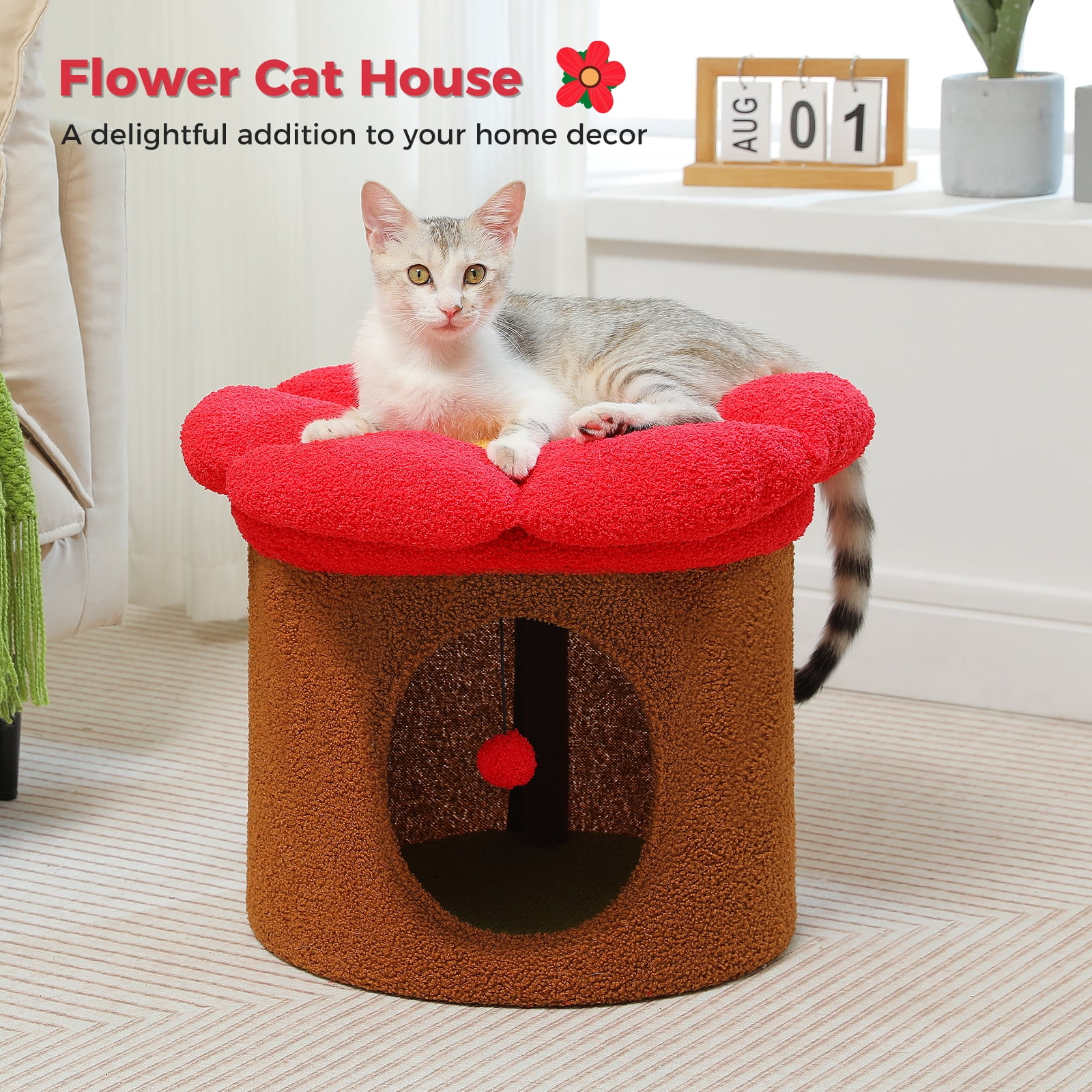 Pefilos 15" Cat House Condo with Tree, Cave Bed & Removable Flower Cat Cushion, Brown