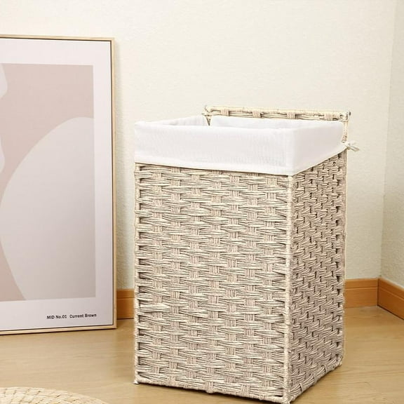 100L Large Capacity Laundry Hamper - Gray PE Rattan with Lid, Removable Bag & Powder Coating Frame