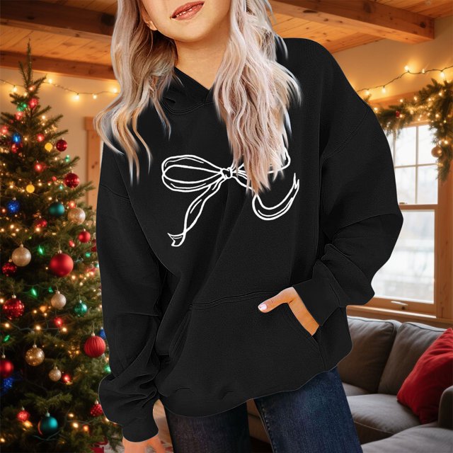 Cowsor Cute Hoodie for Teen Girls Trendy Bow Print Preppy Hooded Sweatshirts Kids Pullover Long Sleeve School Outfits