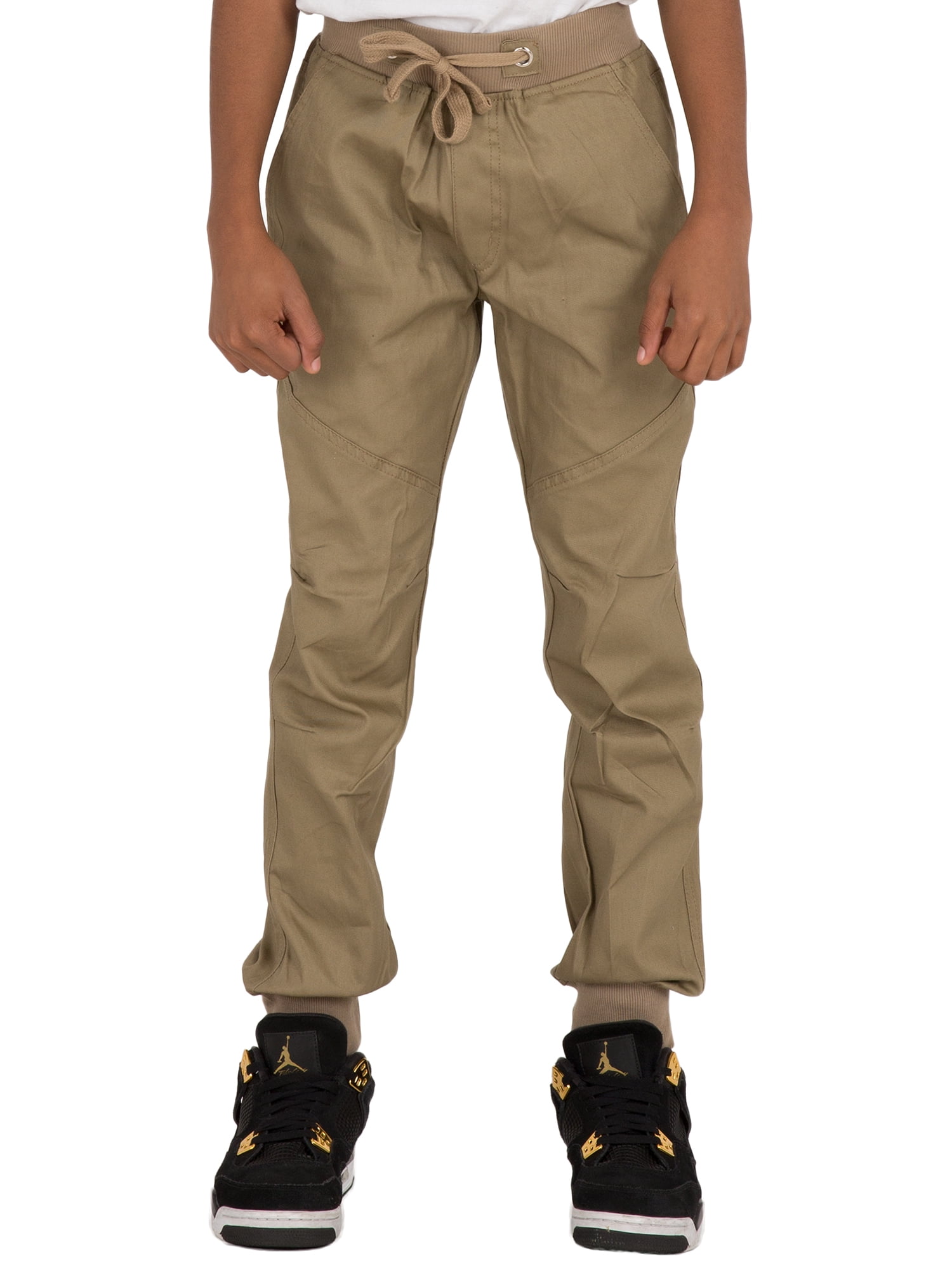 Vibes - Vibes Boy's Khaki Twill Jogger Pants Moto Style Cut Line Knee Rib Waist & Bottom