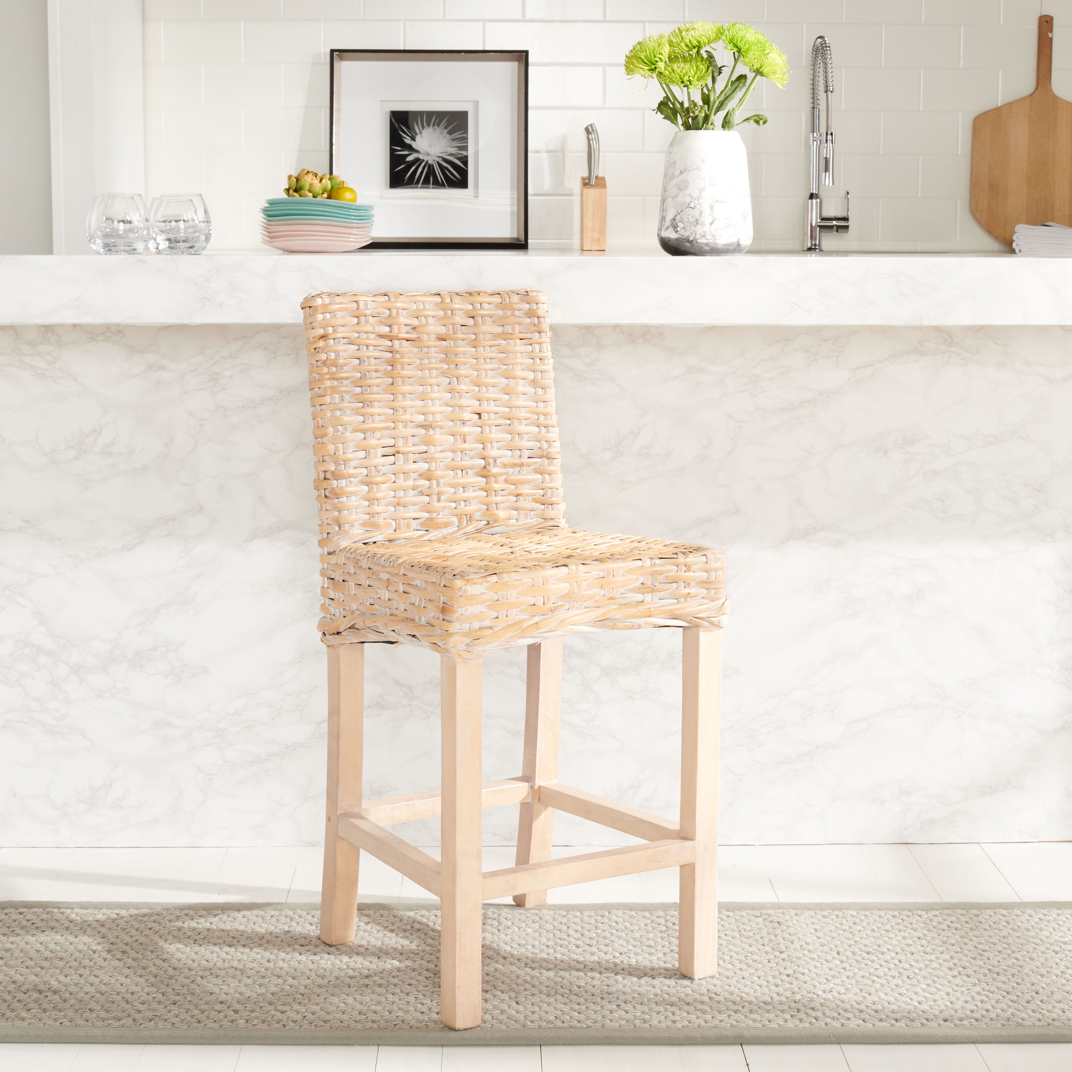 Safavieh Tobie Rattan Counter Stool with Footrest, Natural White Wash