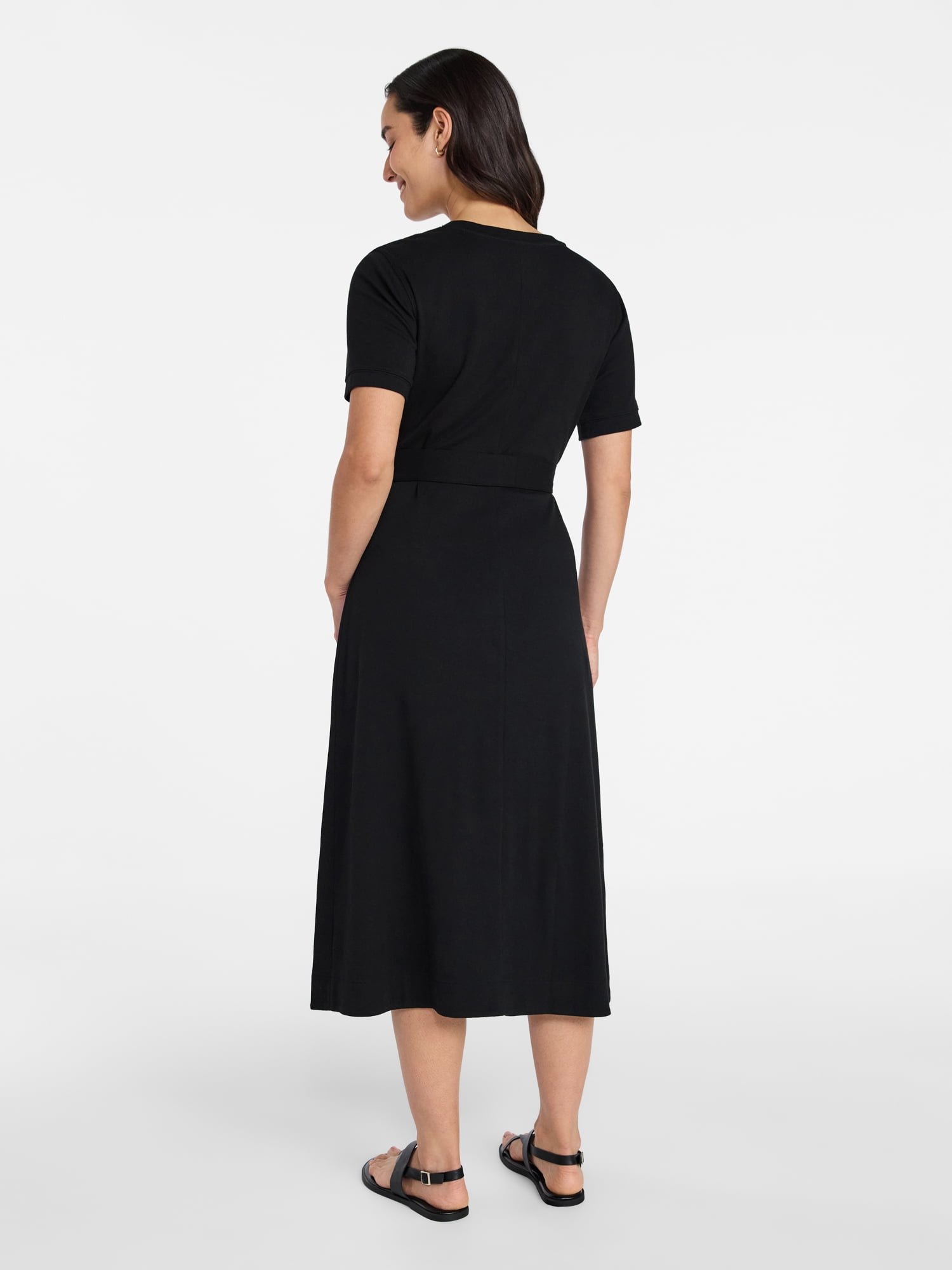 Time and Tru Women's Cotton Tie Front Midi Dress with Short Sleeves, Sizes XS-XXXL