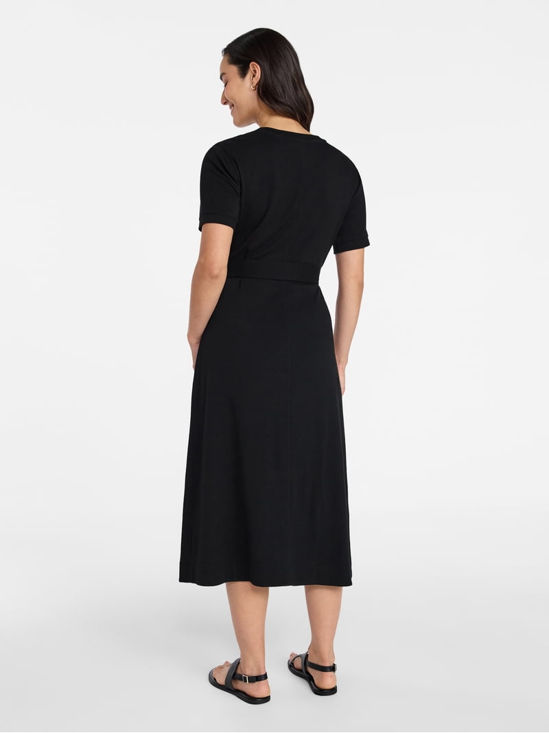 black tie midi dress Black Floral Scallop Edge Shoulder Tie Midi Dress main image 0