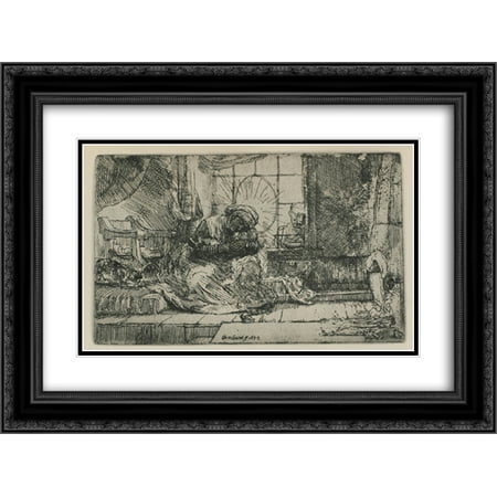 Rembrandt Cat Charm - Rembrandt 2x Matted 24x20 Black Ornate Framed Art Print 'The Holy Family with a cat'
