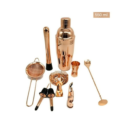 

ADVEN 11 Pieces Set Rose Gold Cocktail Shaker Wooden Frame Shiny Stainless Steel Measuring Cup Bar Spoon Cocktail Filter Ice Tongs
