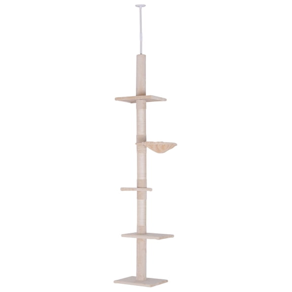 8.5' Vertical Cat Tree Adjustable Height Floor-To-Ceiling with 5 Carpeted Platforms & 3 Sisal Rope Scratching Areas Beige