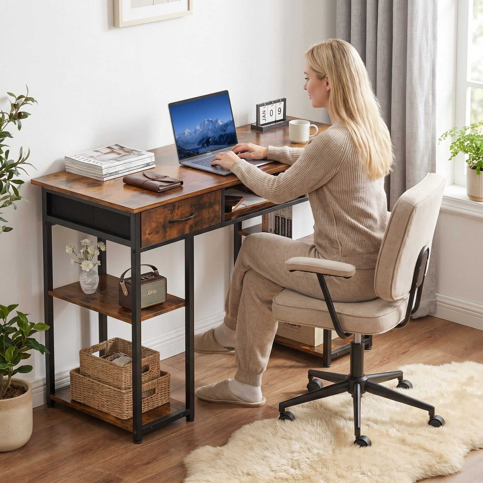 BEAUTYPEAK 48" Computer Desk with Fabric Drawers Storage Shelves Adjustable Feet Writing Gaming Table, Rustic Brown