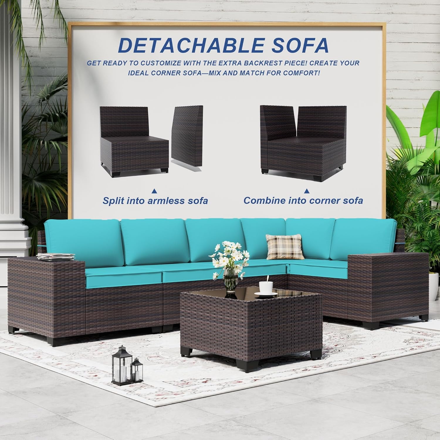 ASJMR 6 Pieces Patio Outdoor Furniture Set All-Weather Rattan Wicker Conversation Outside Sectional Sofa Chair Set with Cushions & Coffee Table,Green