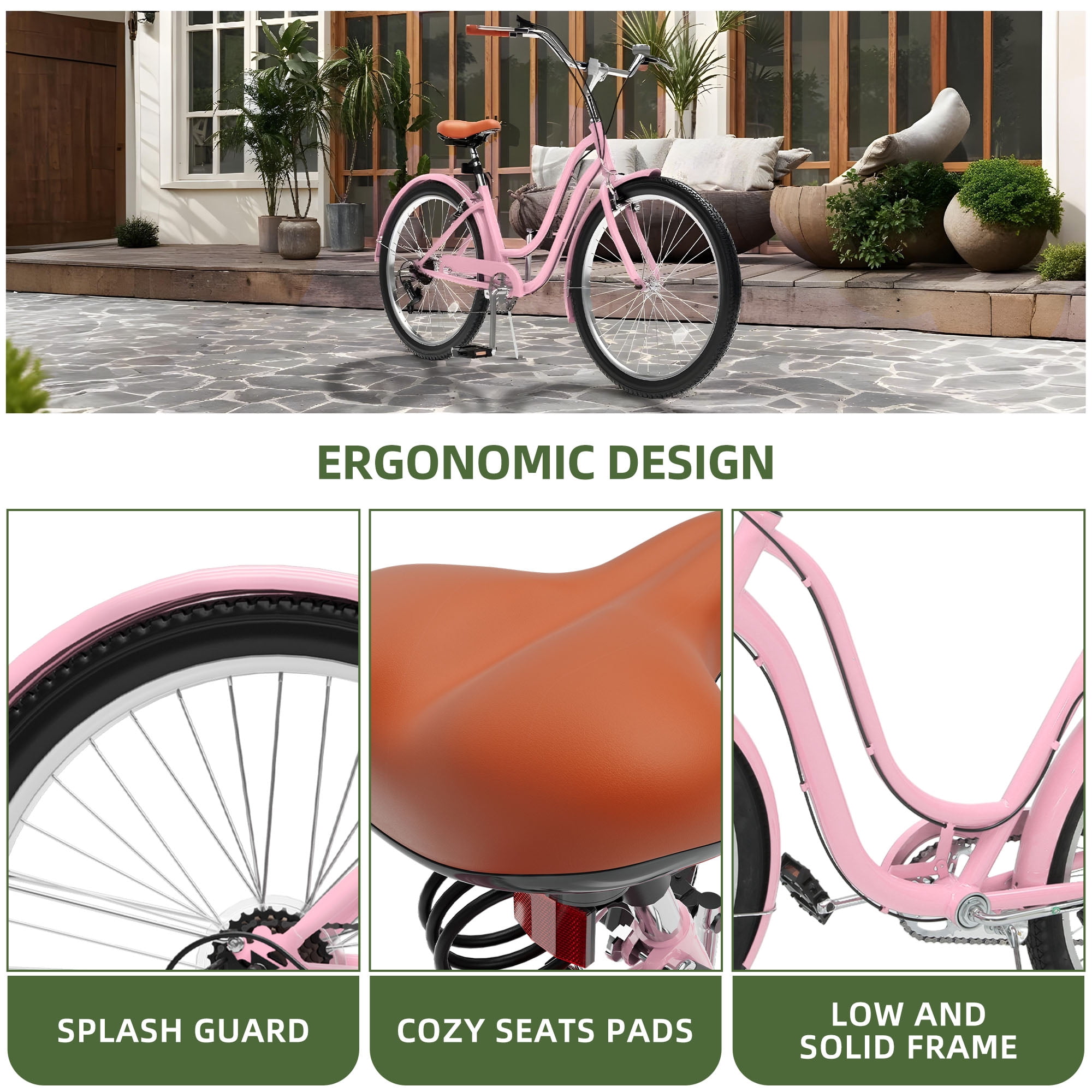 Uforic 26 Inch Beach Cruiser Bike, 7-Speed, Step-Through Bicycle for Men & Women, Steel Frame, Pink