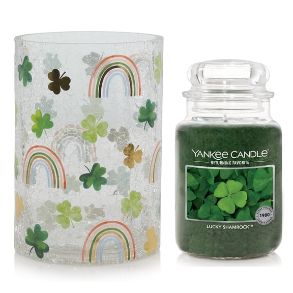 Yankee Candle Shamrocks & Rainbows Large Crackle Glass Jar Candle Holder with a Large Lucky Shamrock Classic Jar Candle 2-pc Set