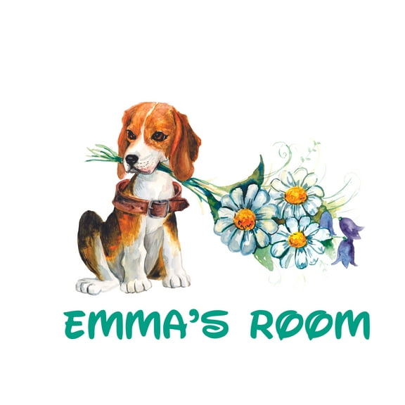Beagle Flower Pet Dog Customized Wall Decal - Custom Vinyl Wall Art - Personalized Name - Baby Girls Boys Kids Nursery Daycare Bedroom Wall Decal Room Decor Wall Stickers Decoration Size (15x30 inch)