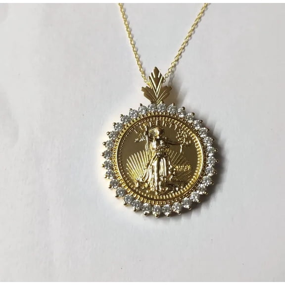 Aishvi Jewels Moissanite Pendant Natural Moissanite Tester Pass Liberty Doller Coin Pendant Necklaces Pendant 14K Yellow Gold Finish Moissanite Pendant