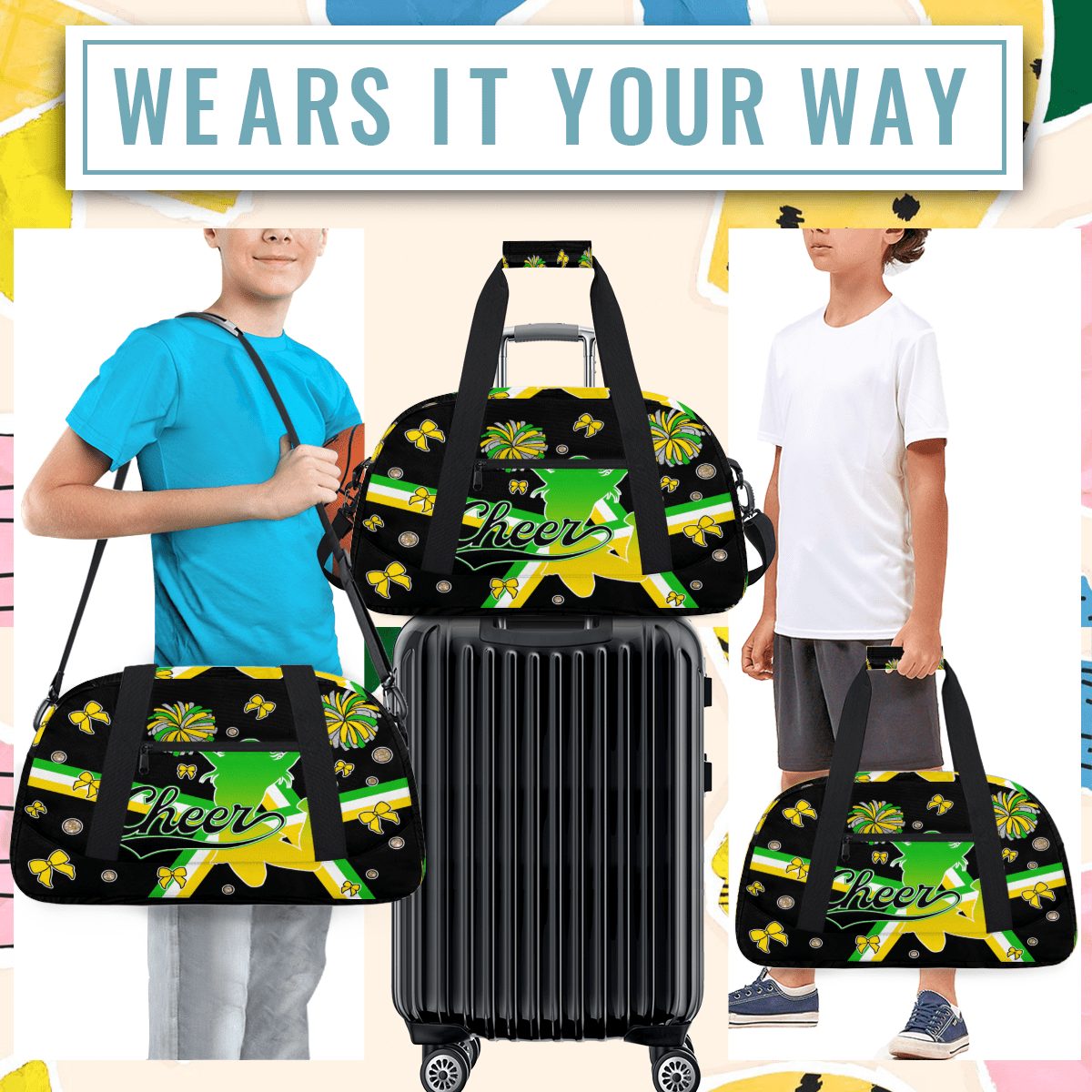 Herdesigns Cheerleader Bags Overnight Duffel Bags Cheer Green Yellow Sport Gym Bag Travel Bag Travel Waterproof Weekender Bag Carry On Travel Tote Bag Dance Bags