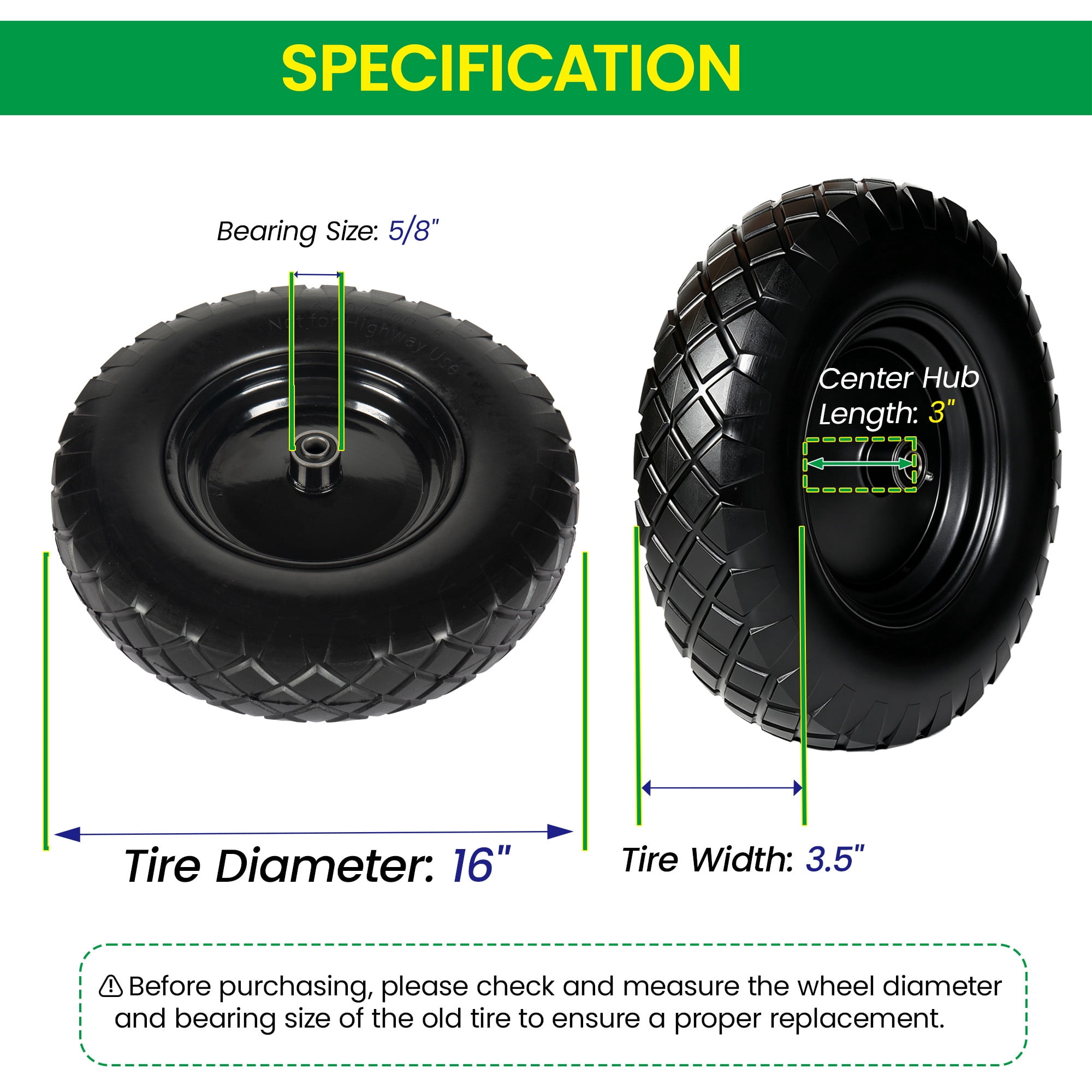 Leumius Set of 2 4.80/4.00-8 Flat-Free Solid Wheelbarrow Tire and Wheel, 16" Solid Tire with 5/8" & 3/4" Bearings, 3" Hub for Hand Truck, Garden Cart, Trailer, Trolley, Wagon