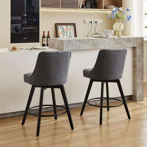 Accent Swivel Bar Stools with Back, Counter Height Bar Stools Set of 2, 26" H Linen Fabric Upholstered Bar stools Modern Counter Stool with Wood Legs for Kitchen Island Dining Room
