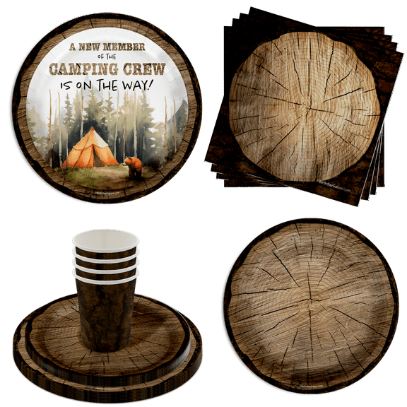 Camping Crew Camping Baby Shower Party Supplies 64 Piece Tableware Set Includes Large 9" Paper Plates Dessert Plates, Cups and Napkins Kit for 16