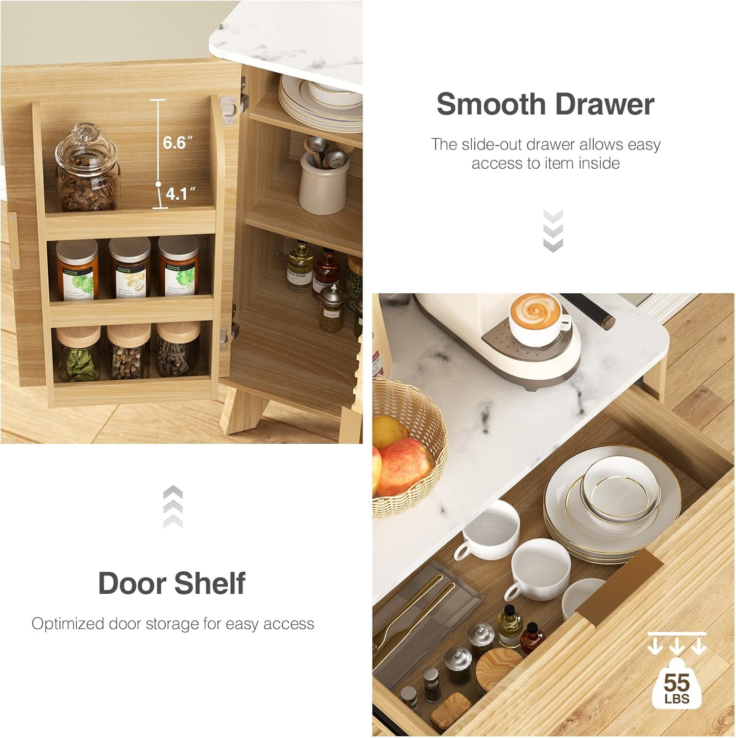 Vabches Pantry Cabinet with Fluted Kitchen Hutch and Charging Stations, Buffet Storage Cabinet with Large Countertop, Drawers & Shelves, Natural