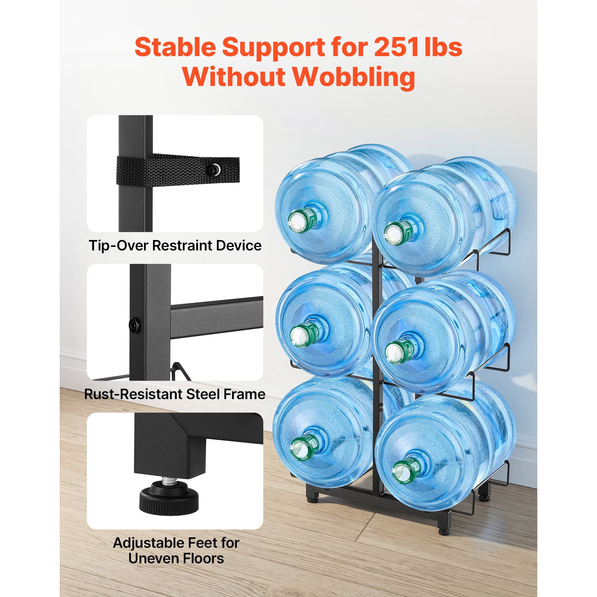 Water Jug Holder, 3 Tiers Double Rows 3 and 5 Gallon Water Bottle Holder for 6 Bottles, Heavy Duty Jug Rack Organizer with Casters and Handles, Foldable for Kitchen, Office, Living Room, Black