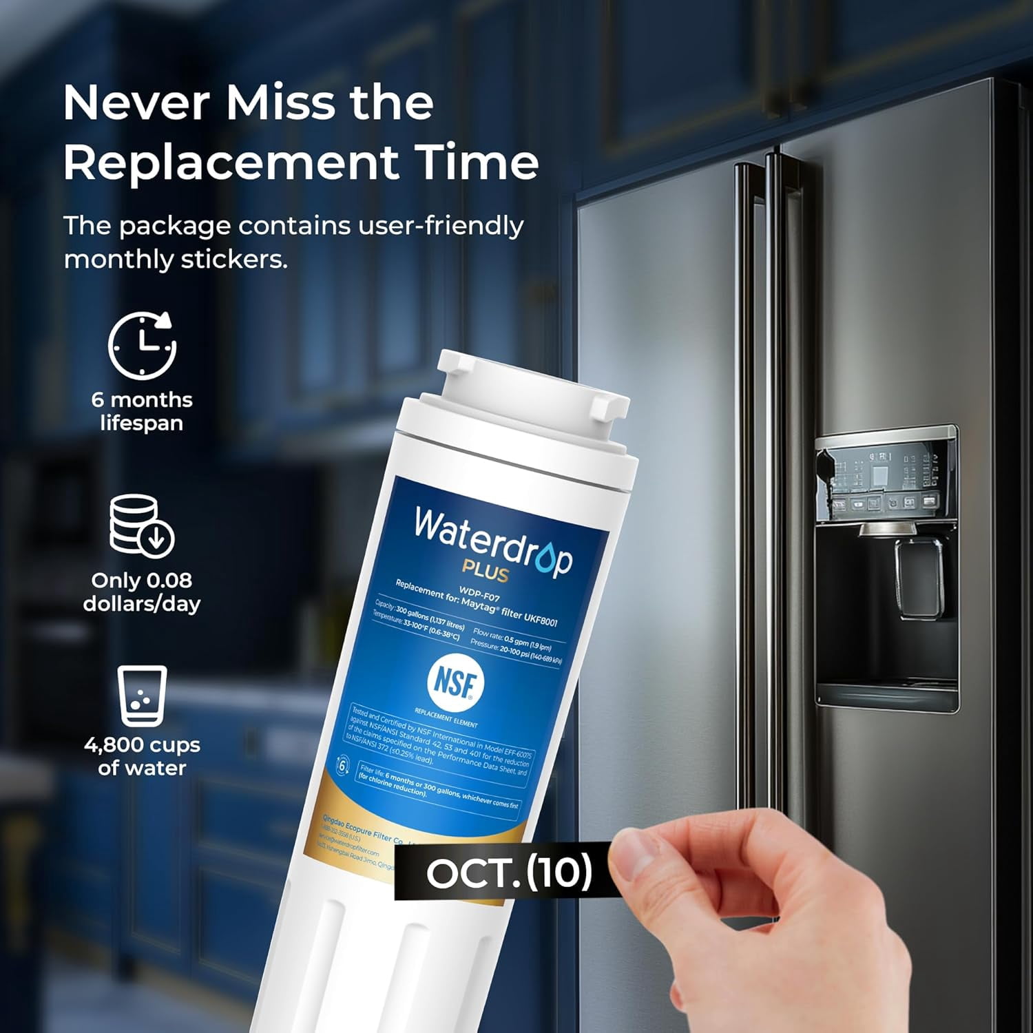 Waterdrop Plus UKF8001 NSF 401,53 Certified Refrigerator Water Filter, 𝐑𝐞𝐝𝐮𝐜𝐞 𝐏𝐅𝐀𝐒, Replacement for Whirlpool® Everydrop®, EDR4RXD1, (1)