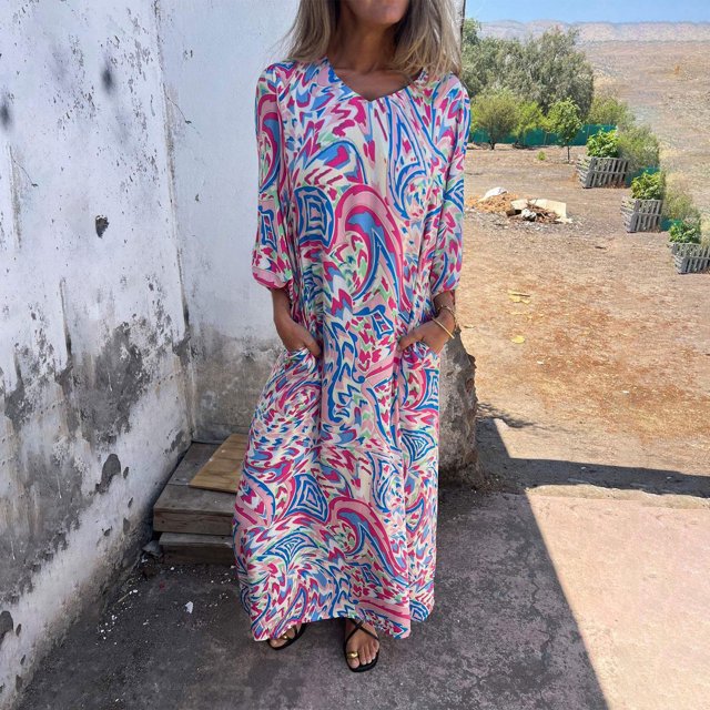 Ovzne Robes d'Été pour Femmes 2025 Robe d'Été Robe d'Été Aguichant Mode Imprimée avec Poches Manches 3/4 Col en V Robe Imprimée en Liquidation