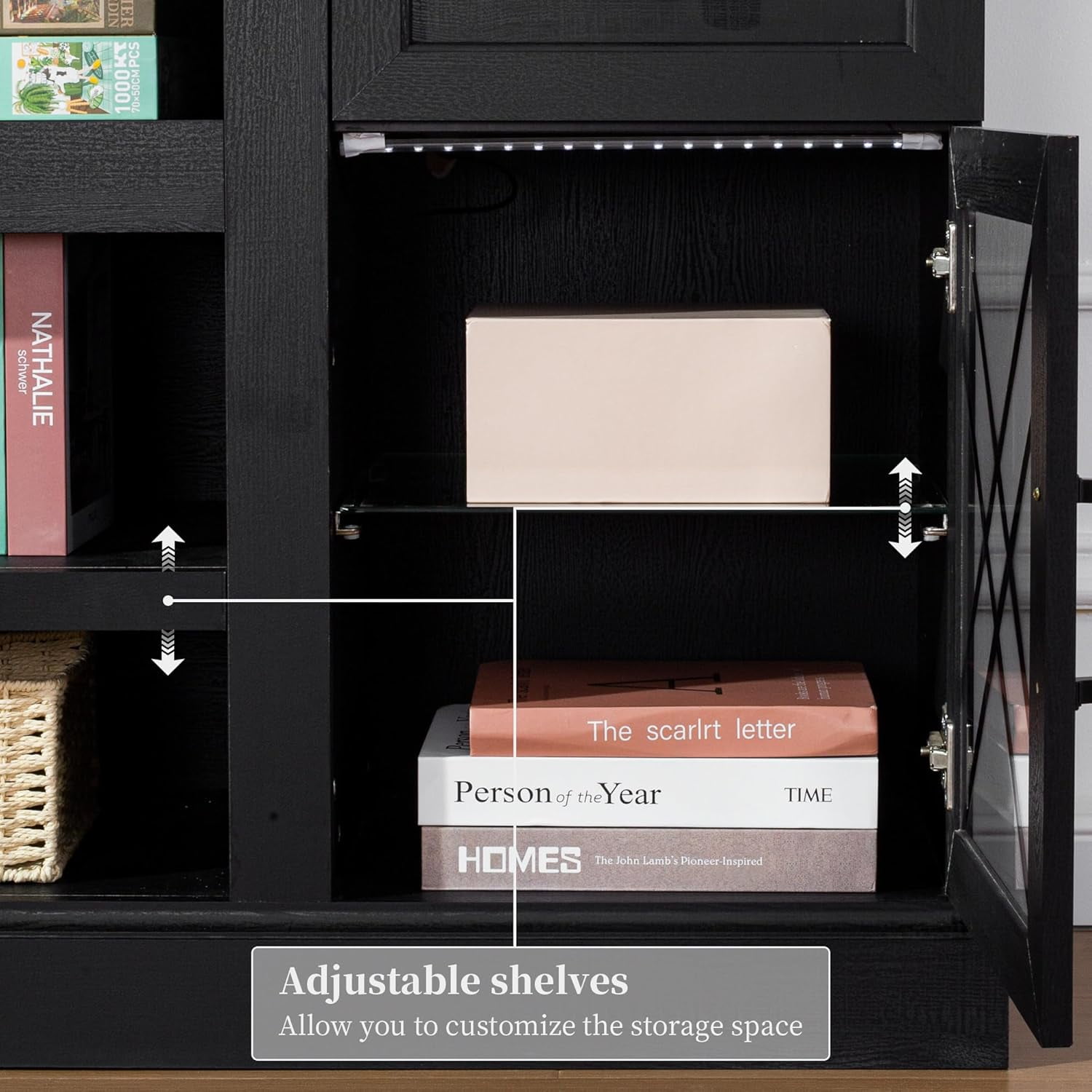 FIAKOA 70 inch Farmhouse TV Stand for 80 inch TV, Modern Entertainment Center with LED Lights, Wooden TV Stand Table with Glass Doors for Living Room (Black)