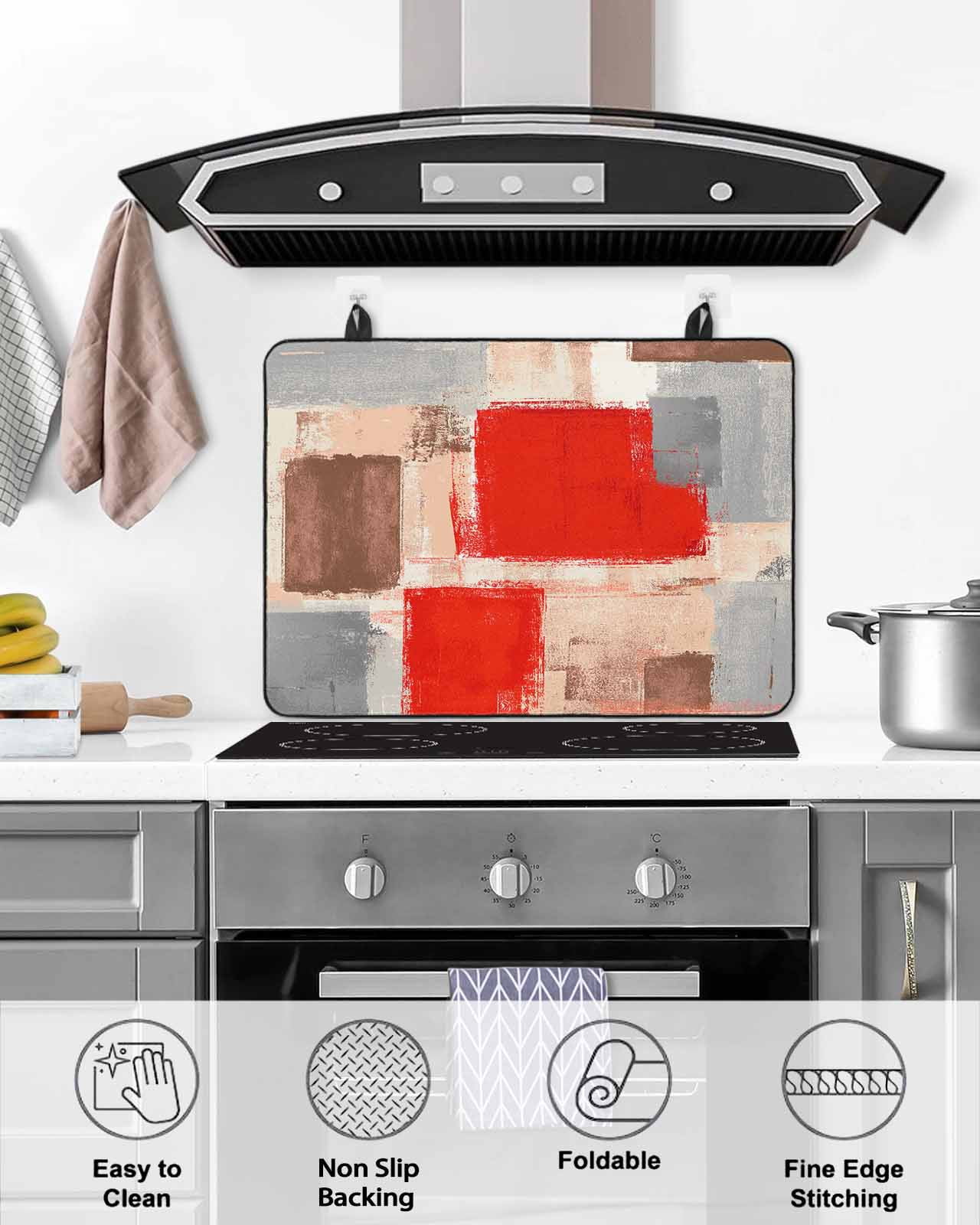 nqOlkjepod Large Induction Cooktop Protector Mat 24"x21", Red Ombre Stove Top Covers for Electric Stove, Farmhouse Contemporary Abstract Checked Stove Burner Cover Mats, Glass Top Stove Cover