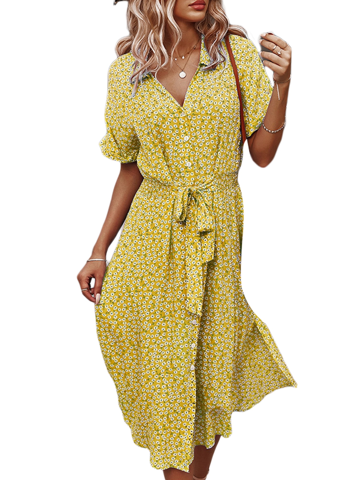 Women's Button Down Midi Dress, Short Sleeve Floral Print Belted Loose ...