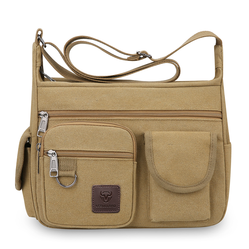 LEBULLBRO Canvas Messenger Bag for Mens Womens Multi-pockets 13 inch Laptop Shoulder Sling Bags School Crossbody Bags Travel Khaki