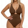 thumbnail image 7 of QUNYINEY Brown One Piece Tummy Control Swimsuit Women Slimming Monokini V Neck Cutout Ruched Swimwear, 7 of 7