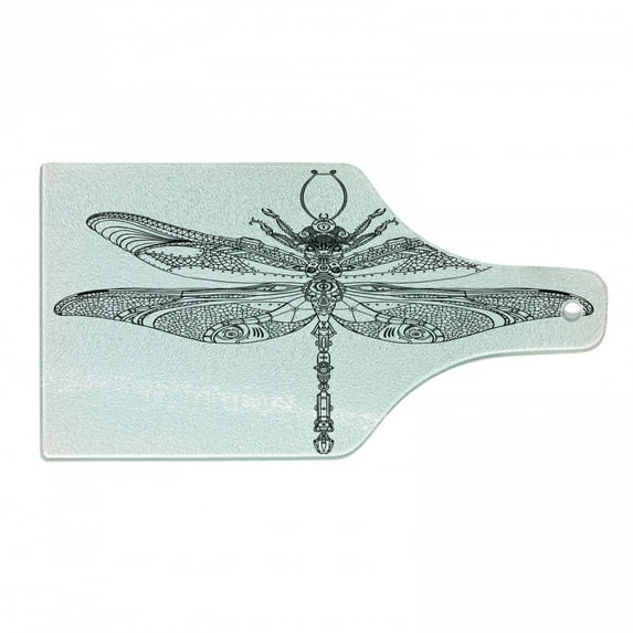 Dragonfly Cutting Board, Baroque Patterned Ornamental Dragonfly Old Fashion Bug Design, Decorative Tempered Glass Cutting and Serving Board, Wine Bottle Shape, Black White, by Ambesonne