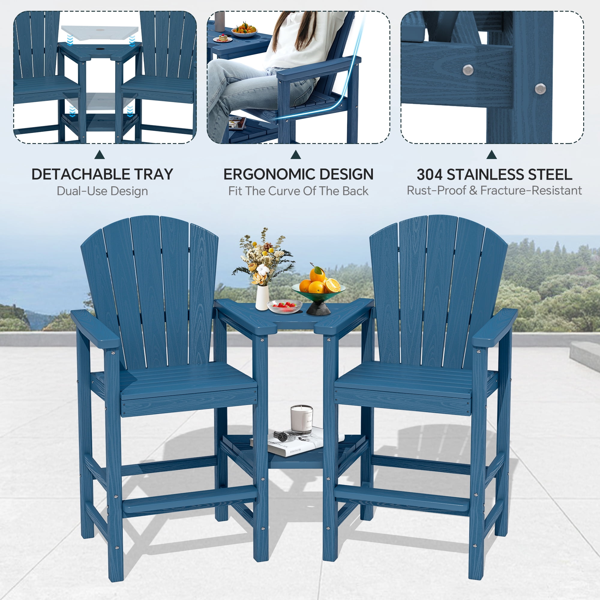 SERWALL Tall Adirondack Chairs Set of 4 with Double Layer Connecting Tray, HDPE Bar Height Outdoor Chairs, for Patio, Balcony, Porch, Pool, Navy