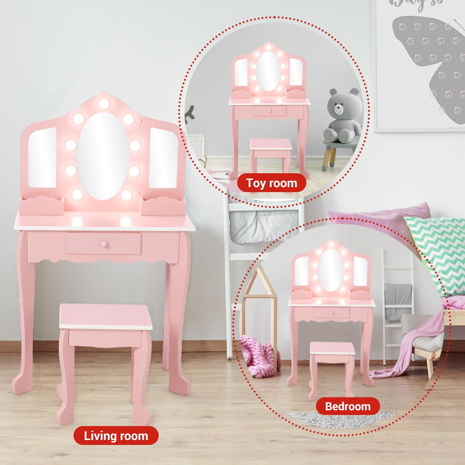 TROPOW Kids Vanity with 3 Mirrors and Stool, Girls Vanity with Wood Makeup PlaySets, Princess Vanity Table for Toddlers,Pink