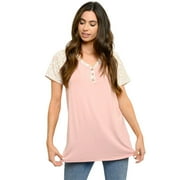 Heimish Womens V-Neck Short Sleeve Top, Pink Floral Print (Large)