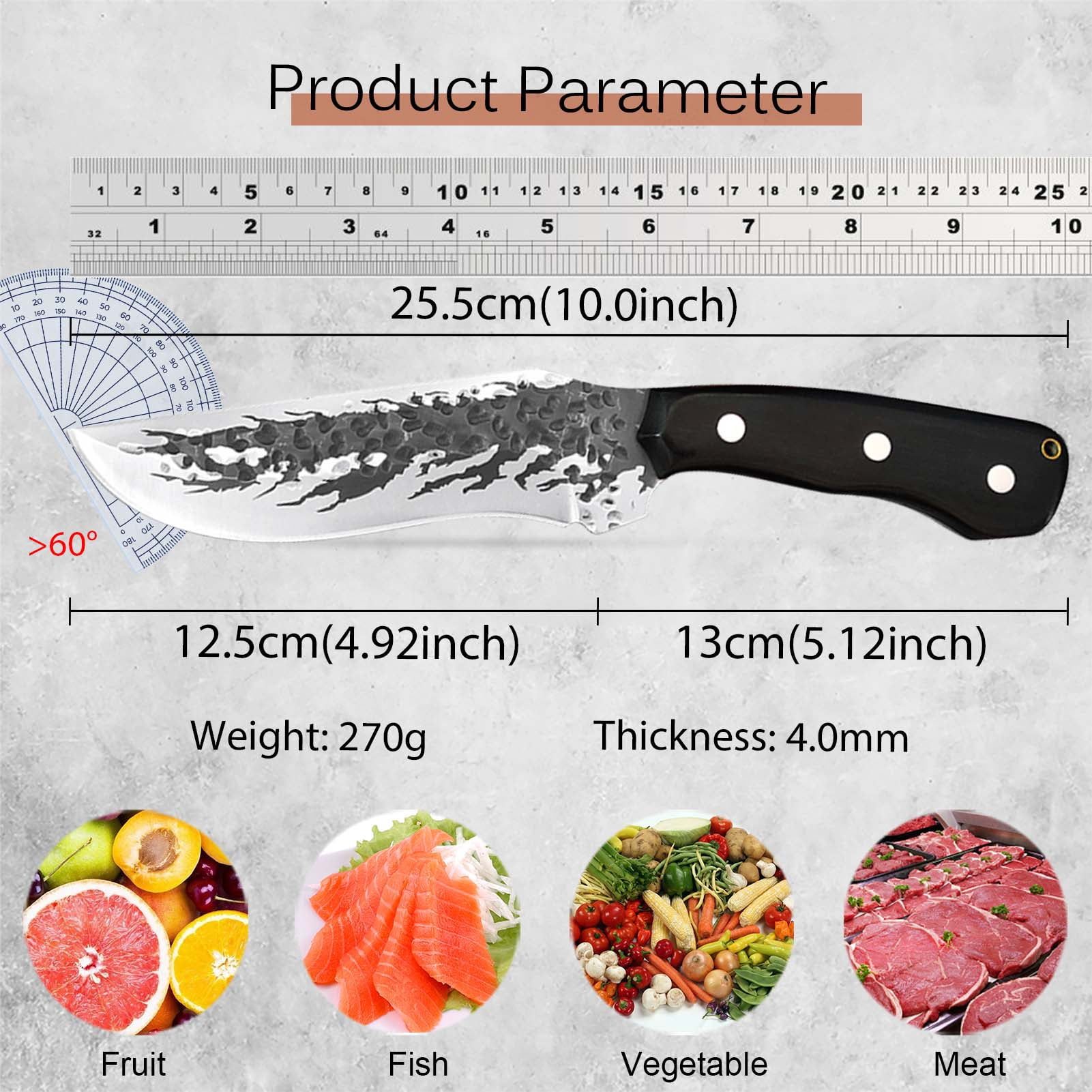 Hand Forged Outdoor Knife, Solid Wood Handle Full Tang Fixed Blade Knife with Brown Sheath for Camping Hunting Household Cutting