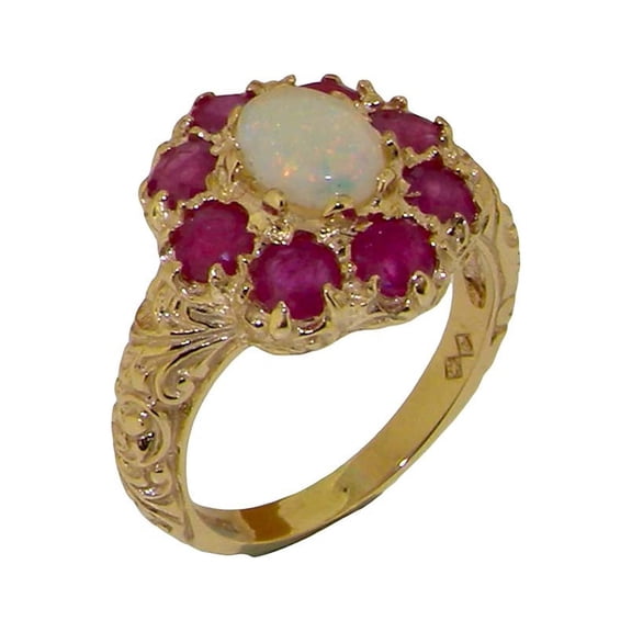 LBG British Made 10k Yellow Gold Natural Opal & Ruby Womens Statement Ring - 33 size options - Size 10