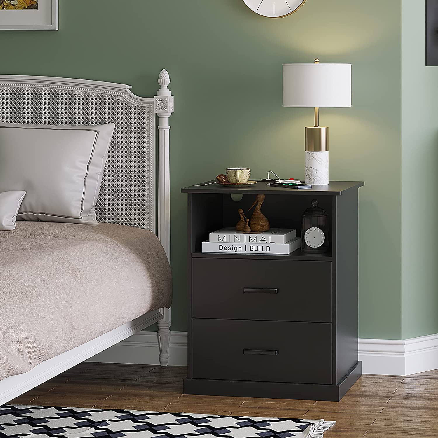 Black Nightstand with Charging Station 2 Drawers Night Stand for Bedroom Living Room Modern End Side Table with 2 USB Ports
