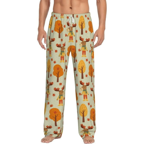 Daiia Autumn Maple Leaf and Deer Men's Sleep Pant with Pockets and Drawstring,Pajama Pants-Small