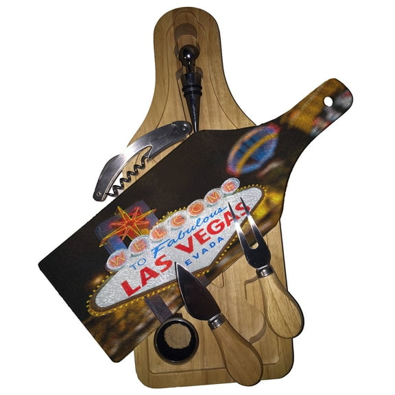 KuzmarK Wine & Cheese Glass Cutting Board Wood Box Gift Set - Fabulous Las Vegas