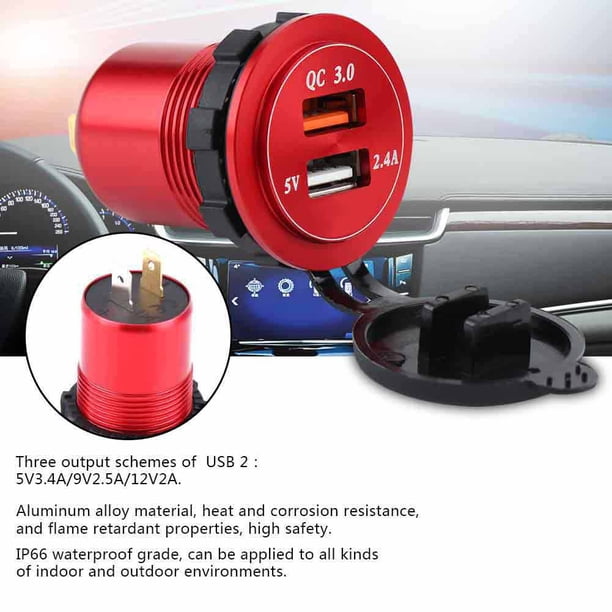 Cargador USB para coche, adaptador de cargador de coche QC dual USB 3.0 resistente al agua, cargador de coche con voltímetro, confiable y duradero