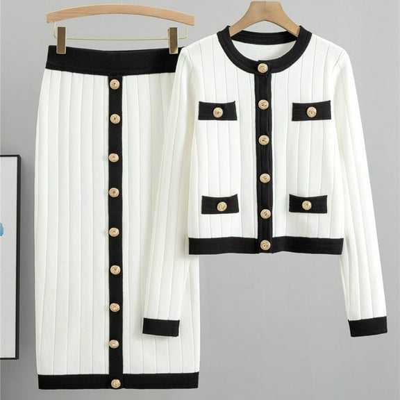 Wancir Long Sleeve Two Piece Skirt Sets Women Outfits Casual Ribbed Knit Wrap Hip Half-body Skirt