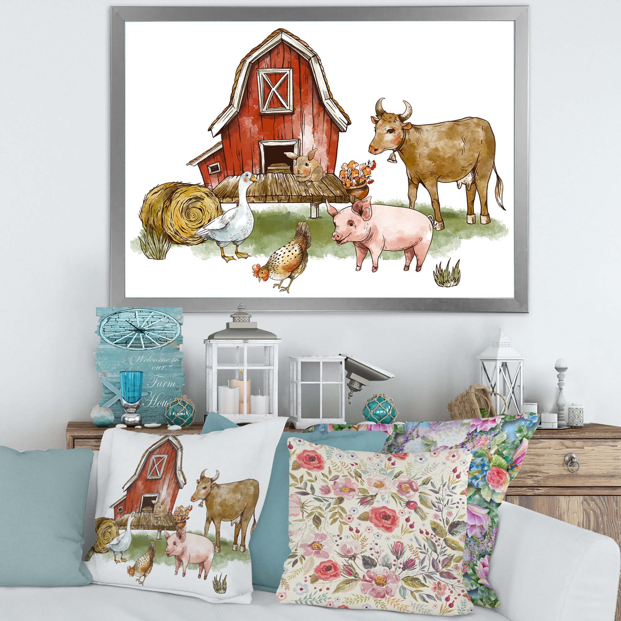 Designart 'Farm House With Goose Cow Pig Chicken and Haystack' Rustic Framed Art Print