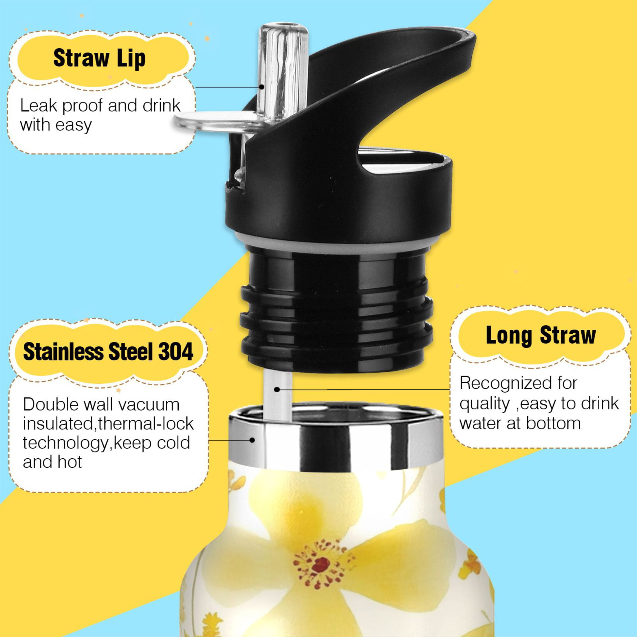 600ML Stainless Steel Insulated Cup Sports Water Bottle Portable Thermos Cup Water Glasses Insulated Tumblers Convenient and Durable Yellow Flowers Seamless
