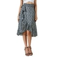 thumbnail image 1 of Falda Midi Floral Refinada para Mujer, Casual de Verano, con Volantes, Nudo en la Cintura, Corte A, Falda Fluida, Talla XS, Color Negro, 1 of 6