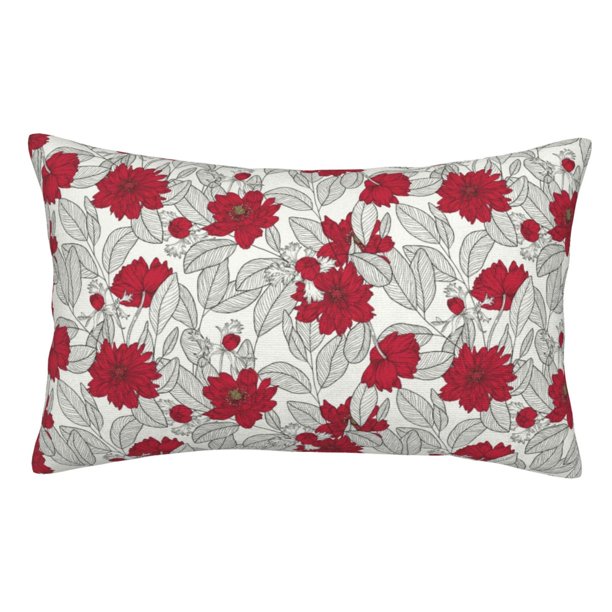 Balery Leaves And Anemone Flowers In Red Grey Funda de Cojín Estampada, Regalos para Mujeres, Regalos de Amor para Ella, Regalos para Novia o Esposa, Funda de Almohada-16"x24"