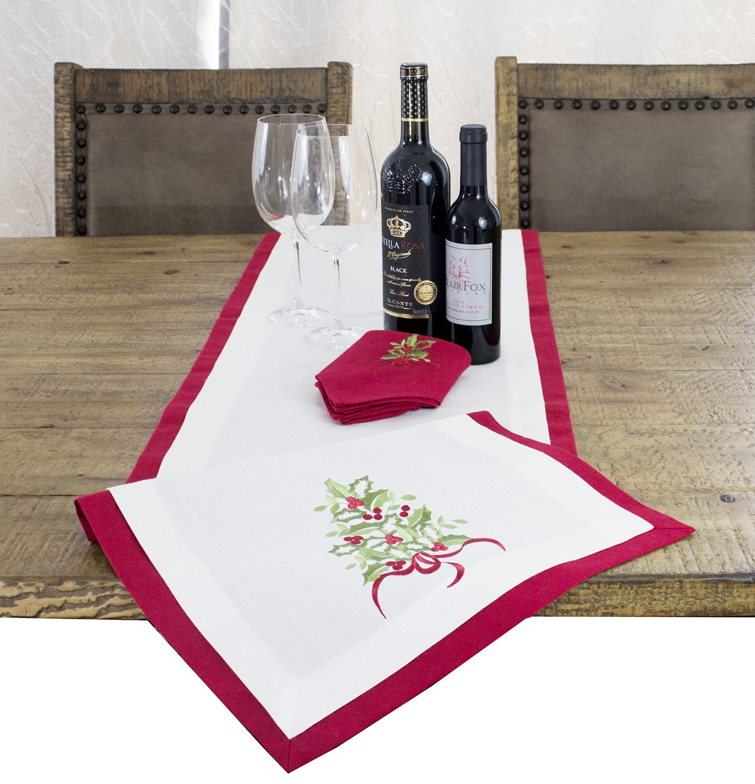 Embroidered Holly Christmas Tree Double-Layer Holiday Decorative Table Runner (Red+White Runner 16"x78")