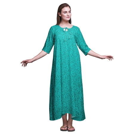

Bimba Turquoise Green Leaves Hoya Kerrii Maxi Sleepwear For Women Summer Printed Nightgowns XX-Large