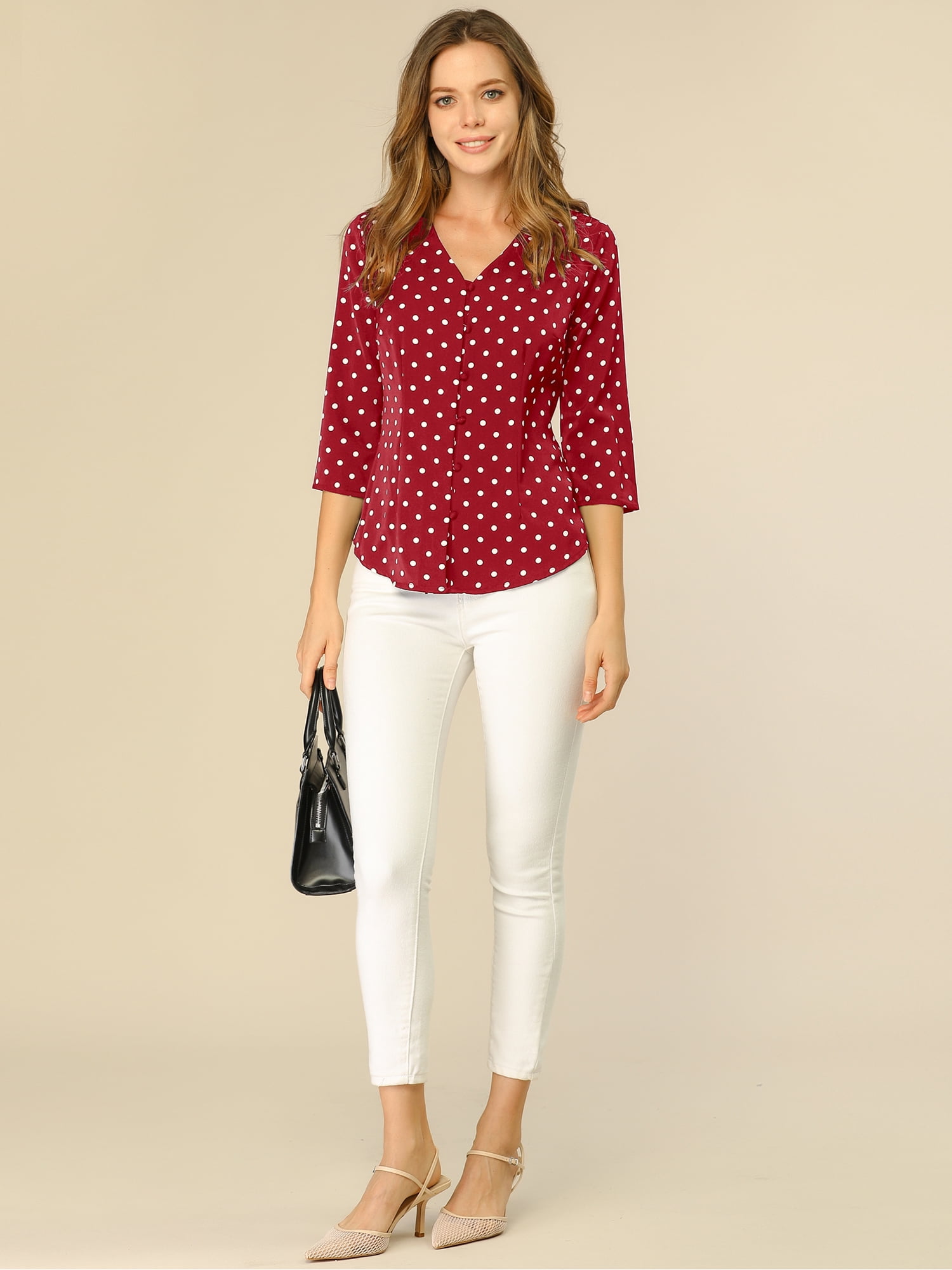 DARING DIVA Women's V Neck Polka Dots 3/4 Sleeve Casual Button Blouse XXL Red